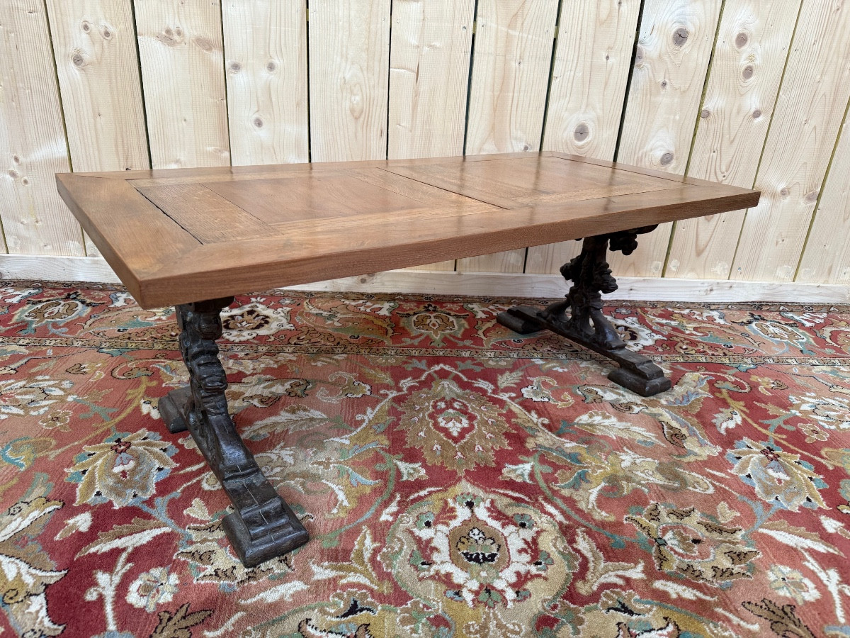 Coffee Table With Cast Iron Legs And Parquet Wood Top 
