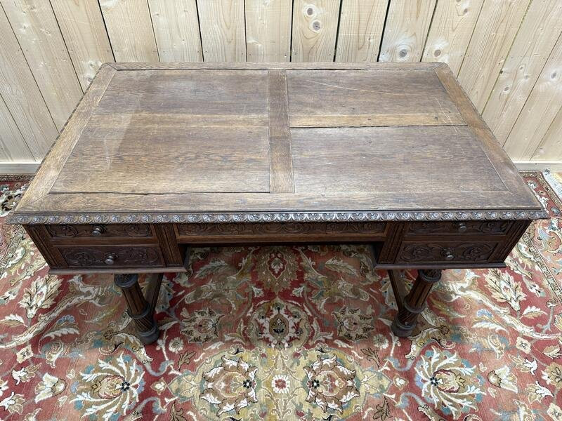Bureau plat en chêne massif de style Renaissance -photo-2