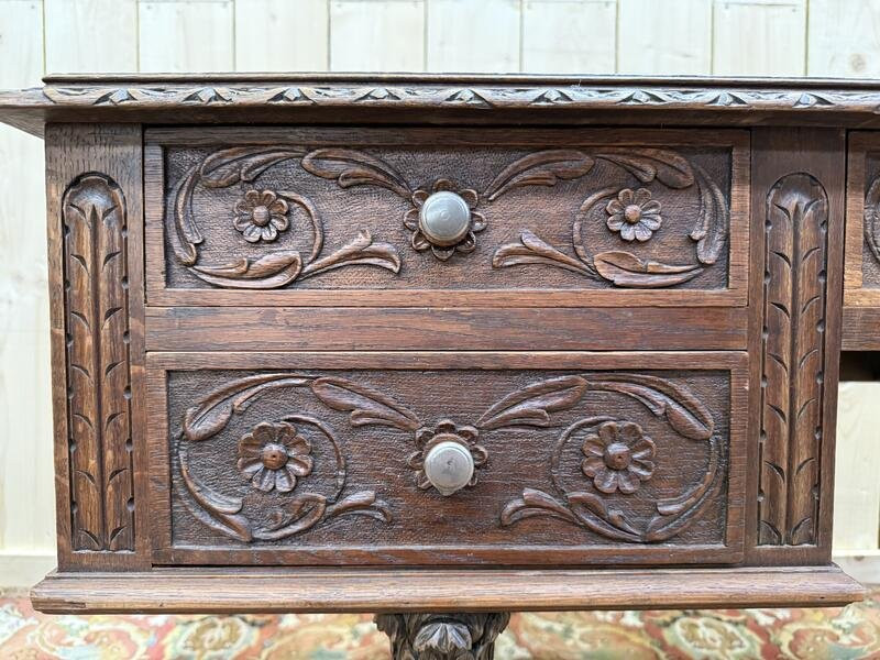 Bureau plat en chêne massif de style Renaissance -photo-5