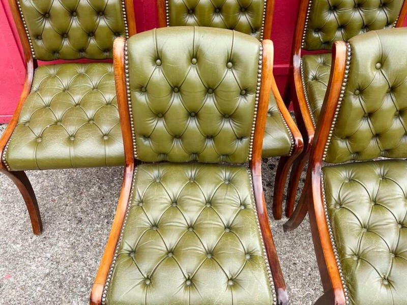 Set Of 6 English Cherterfield Chairs In Green Leather -photo-3