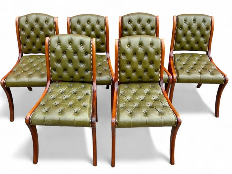 Set Of 6 English Cherterfield Chairs In Green Leather 