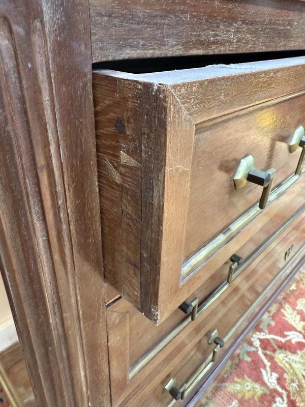 Commode de style Louis XVI en acajou et filets de laiton marbre blanc de Carrare-photo-3
