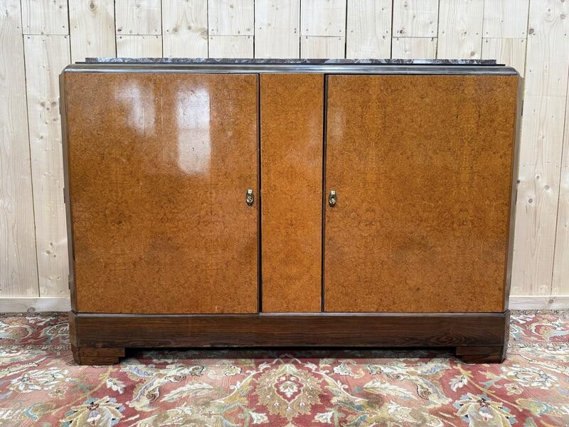 Buffet de style Art Déco en loupe d'amboine et marbre 