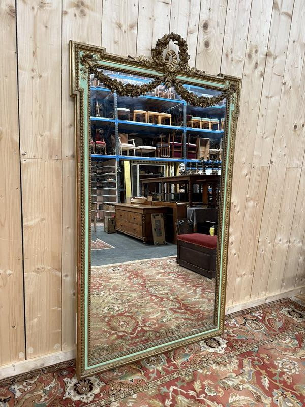 Miroir de style Louis XVI à la feuille d'or et laqué vert -photo-3