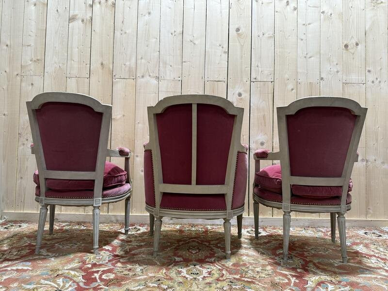 Paire de fauteuils et bergère et style Louis XVI-photo-2