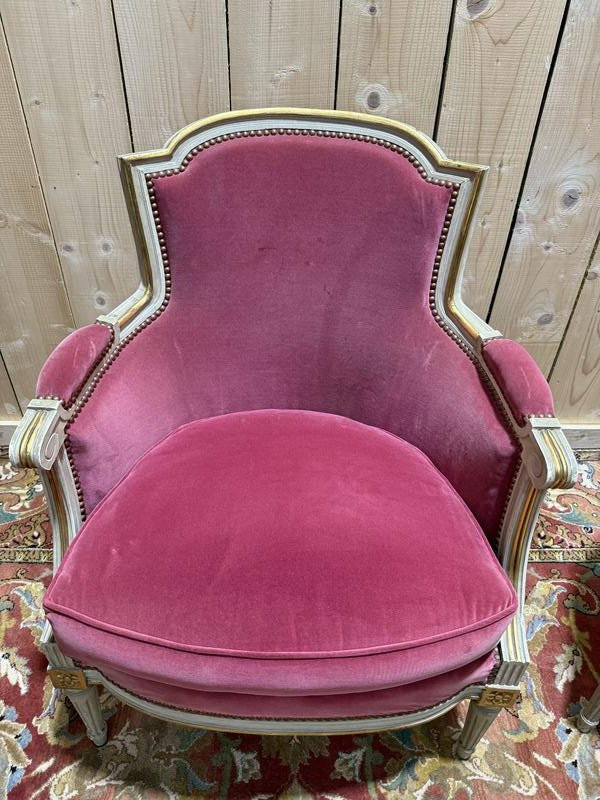 Paire de fauteuils et bergère et style Louis XVI-photo-3