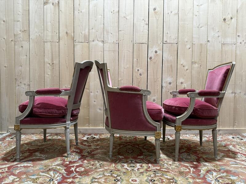 Paire de fauteuils et bergère et style Louis XVI-photo-4