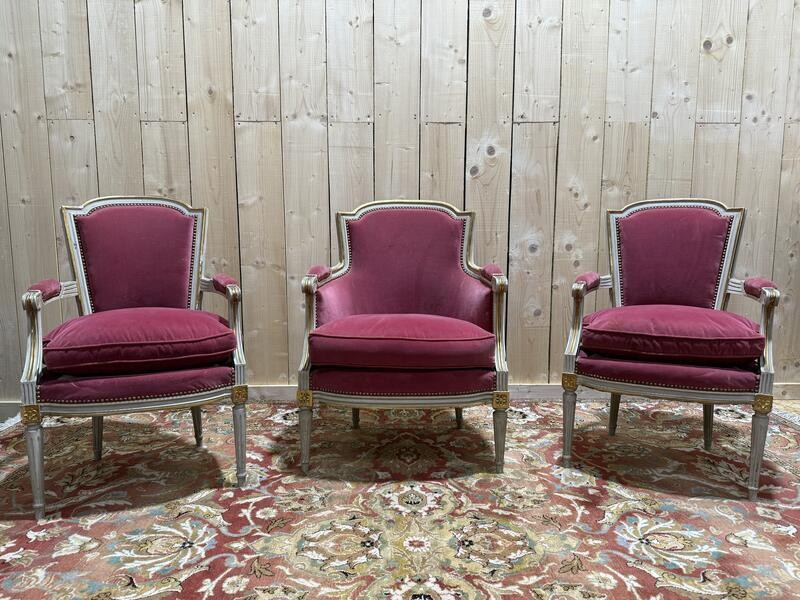 Paire de fauteuils et bergère et style Louis XVI