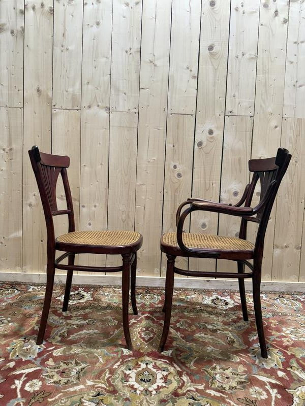 Suite de 4 chaises et deux fauteuils cannés THONET à "Palmettes"-photo-3