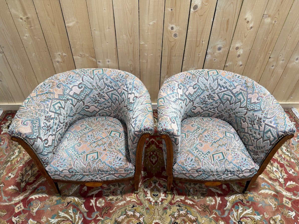 Paire de fauteuils - bergères époque Art Déco en velours coloré-photo-4