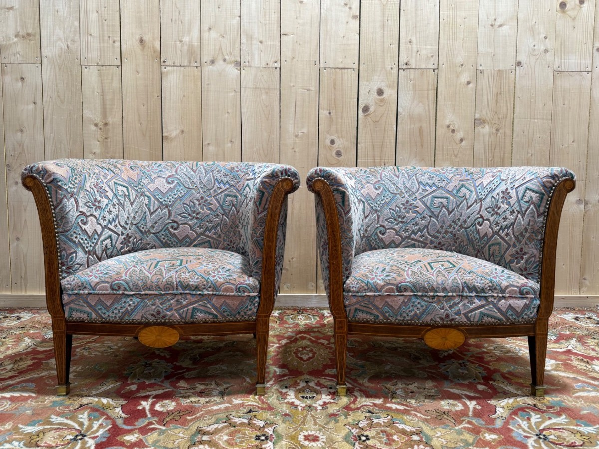 Paire de fauteuils - bergères époque Art Déco en velours coloré