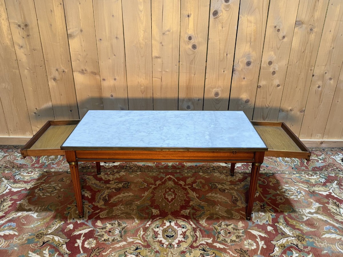 Table basse de style Louis XVI merisier de marbre de carrare-photo-2