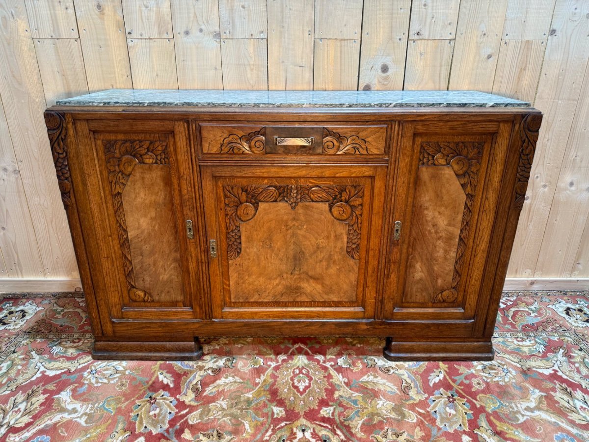 Art Deco Period Sideboard In Oak And Green Marble-photo-4