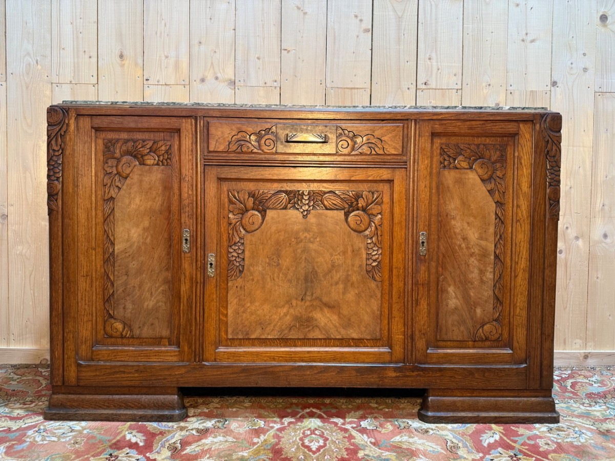 Art Deco Period Sideboard In Oak And Green Marble