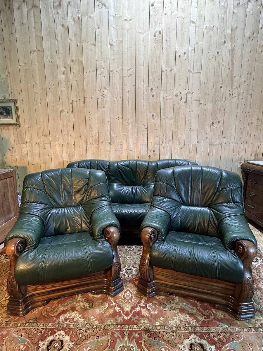 Salon canapé et deux fauteuils anglais "Oxford" en cuir et bois de chêne-photo-2