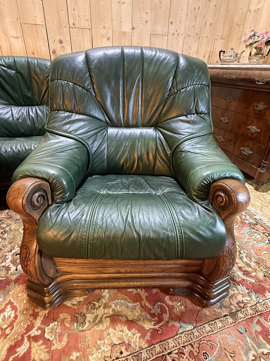 Salon canapé et deux fauteuils anglais "Oxford" en cuir et bois de chêne-photo-3