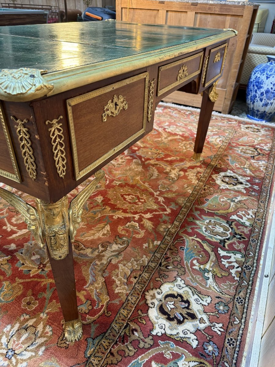 Bureau DOUBLE plat de style Empire en acajou et cuir vert-photo-1