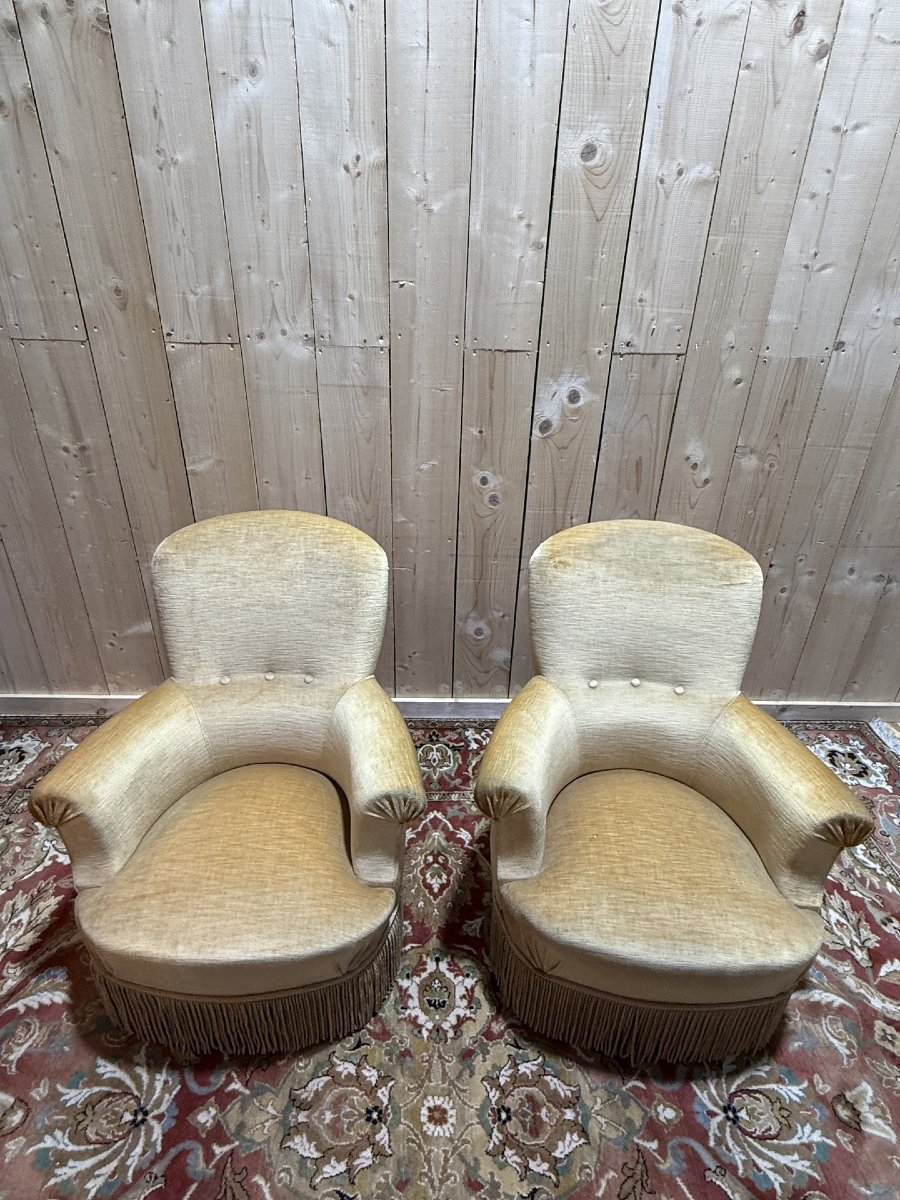 Pair Of English-style Armchairs In Yellow Velvet-photo-4