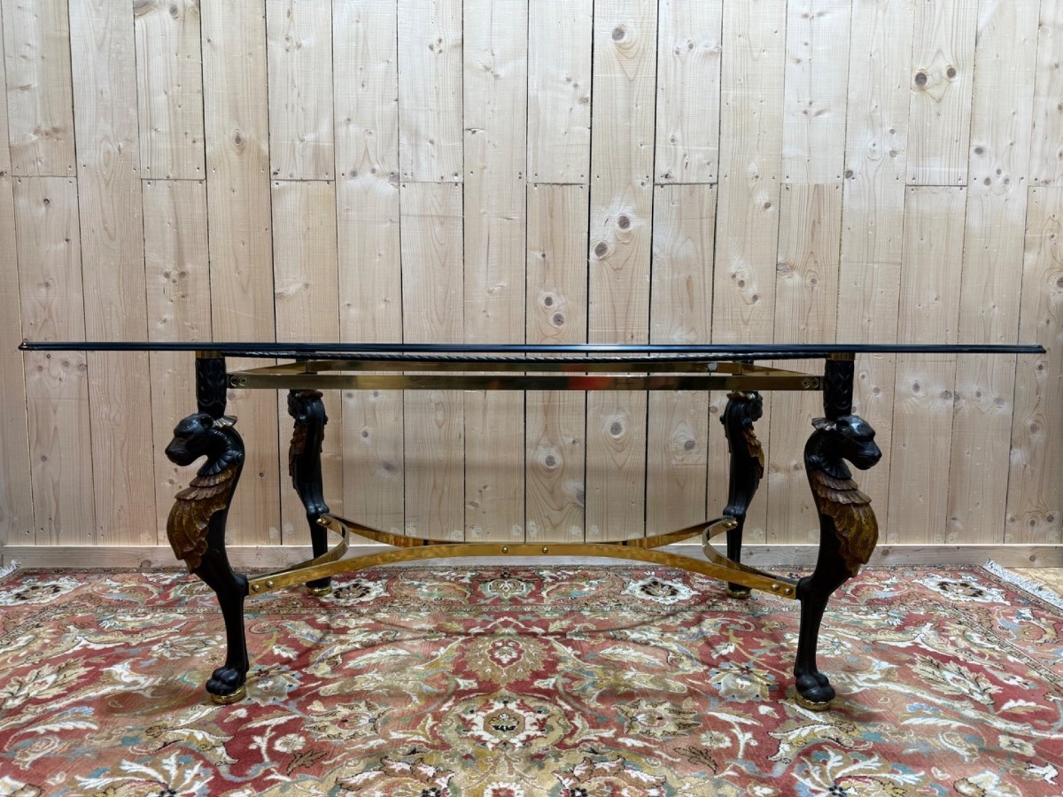 Table de salle à manger style Empire pieds fonte pieds Lion - plateau verre