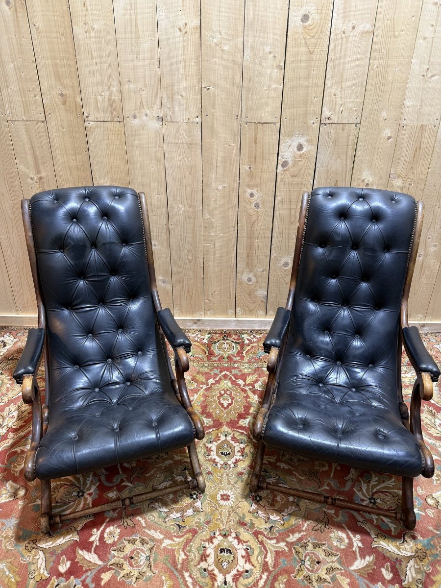 Pair Of English Chesterfield Armchairs In Black Leather-photo-4
