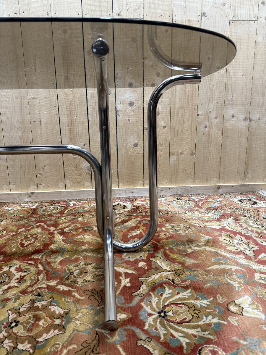 Table de salle à manger chrome tubulaire et verre fumé 1970-photo-2