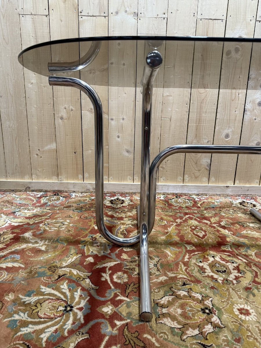Table de salle à manger chrome tubulaire et verre fumé 1970-photo-3