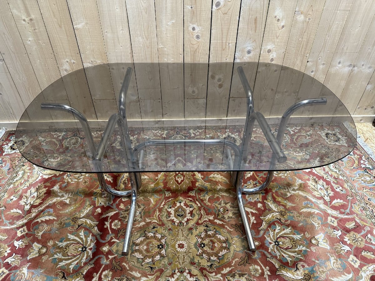 Table de salle à manger chrome tubulaire et verre fumé 1970-photo-4