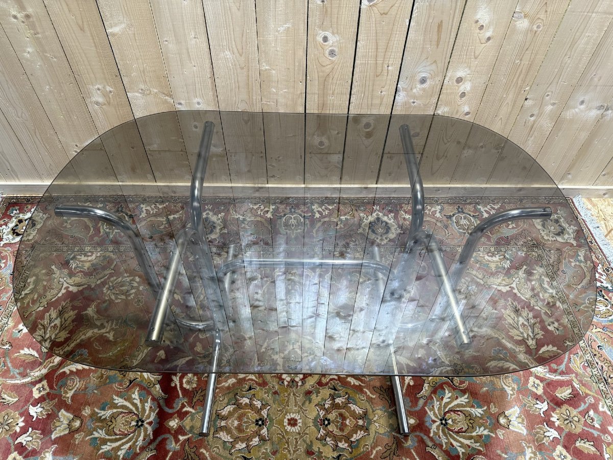 Table de salle à manger chrome tubulaire et verre fumé 1970-photo-1