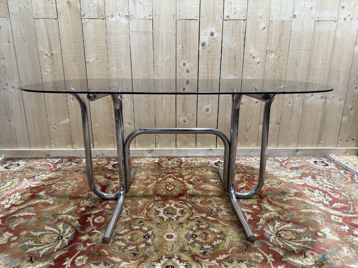 Table de salle à manger chrome tubulaire et verre fumé 1970