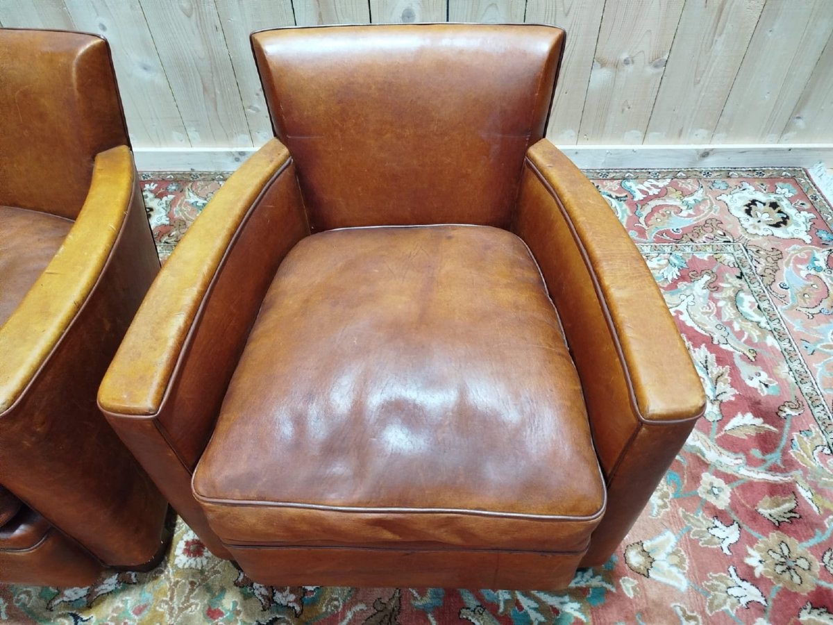 Pair Of Art Deco Club Armchairs In Havana Leather-photo-2