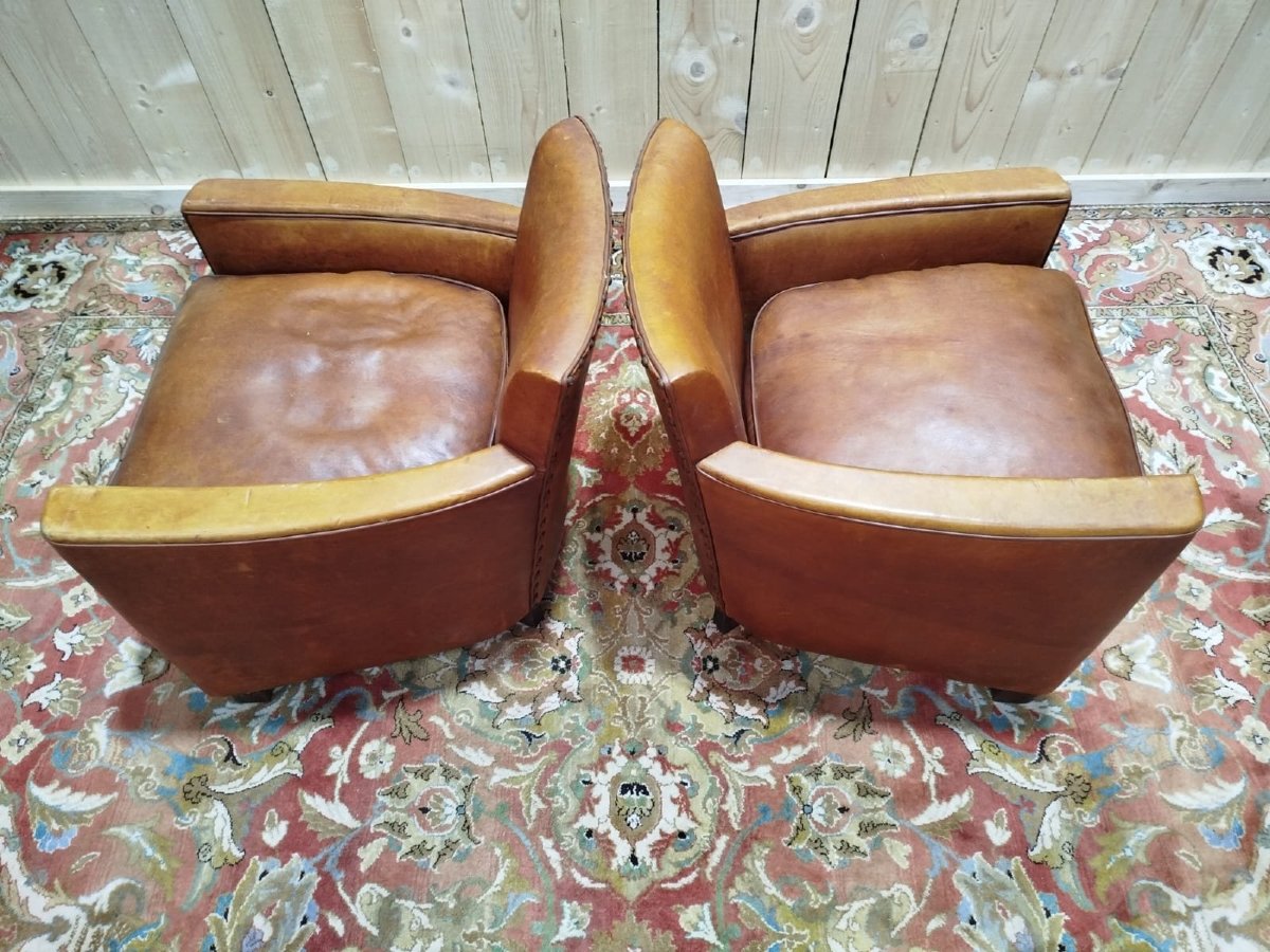 Pair Of Art Deco Club Armchairs In Havana Leather-photo-3