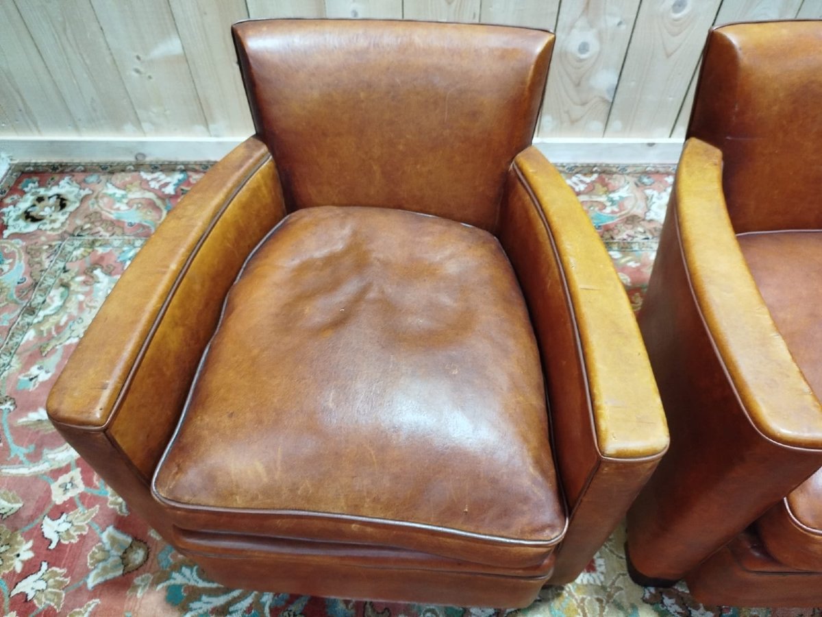 Pair Of Art Deco Club Armchairs In Havana Leather-photo-5