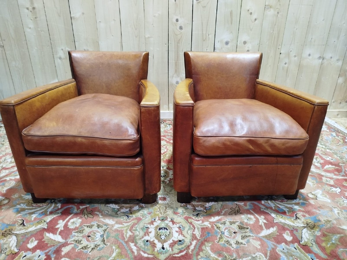 Pair Of Art Deco Club Armchairs In Havana Leather