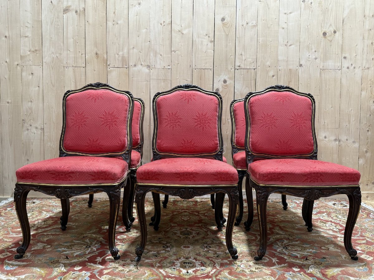 Set Of 6 Louis XV Style Chairs In Walnut And Brass-photo-4