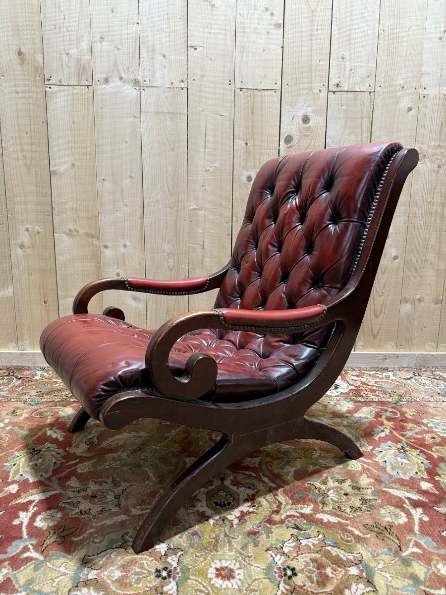 English Chesterfield Slipper Armchair In Tufted Leather-photo-4