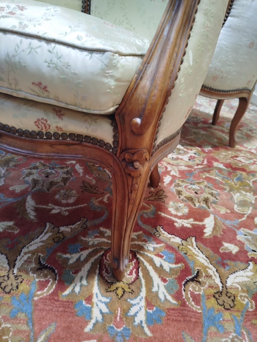 Paire de fauteuils - bergères de style Louis XV en soierie-photo-4