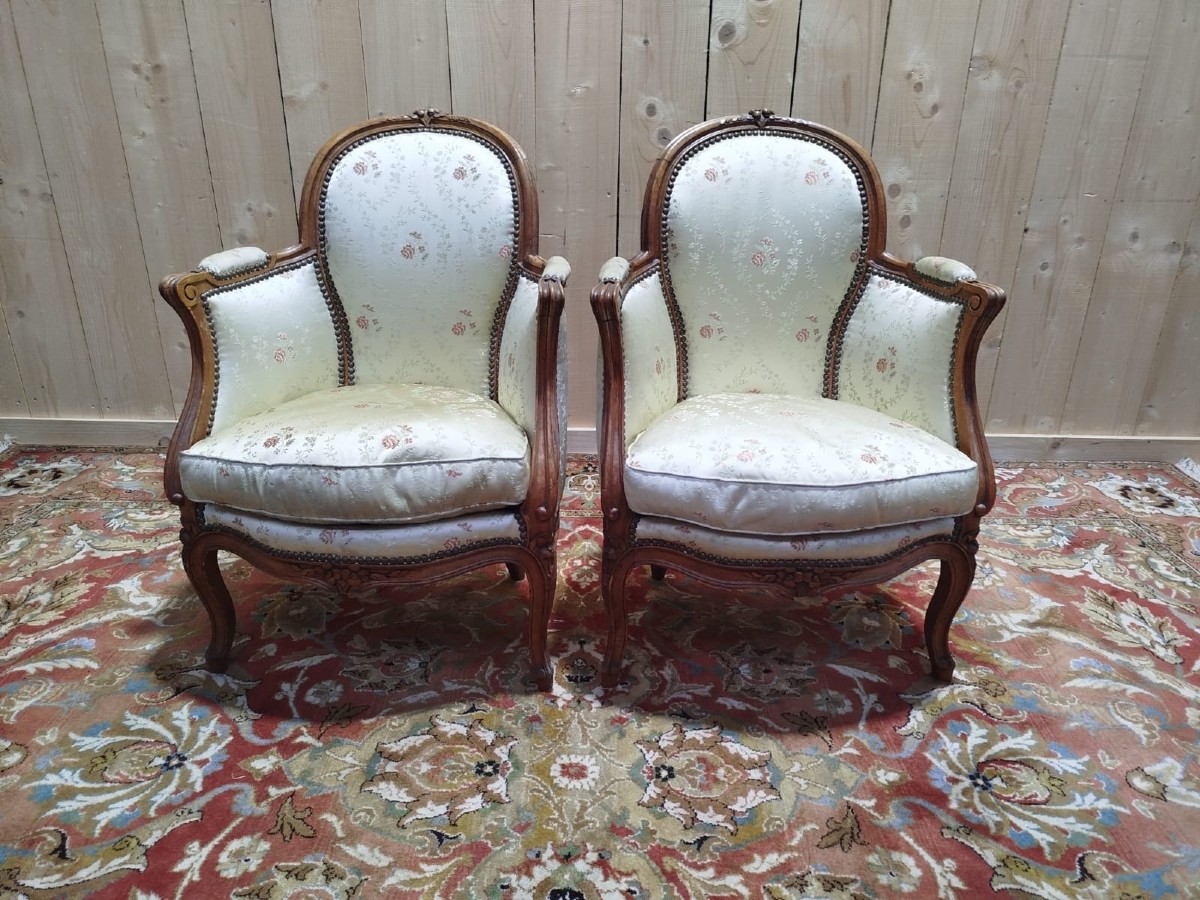 Paire de fauteuils - bergères de style Louis XV en soierie