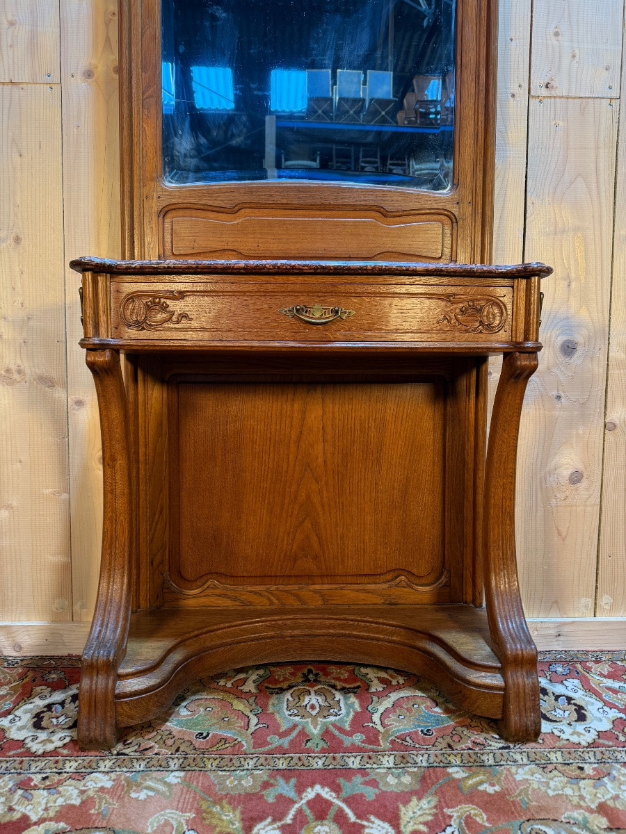 Art Nouveau Period Console Table With Mirror In Carved Oak -photo-2