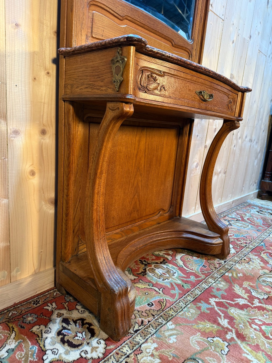 Art Nouveau Period Console Table With Mirror In Carved Oak -photo-3