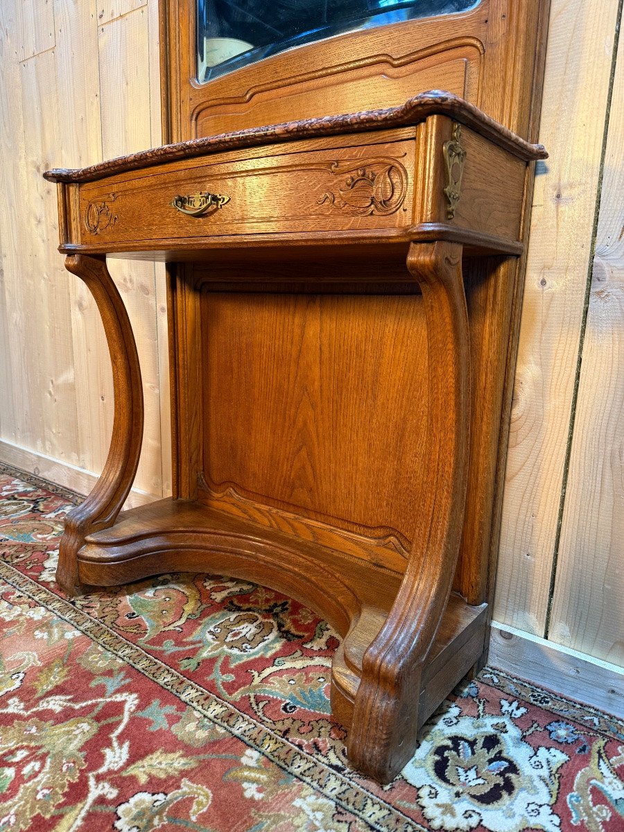 Art Nouveau Period Console Table With Mirror In Carved Oak -photo-4
