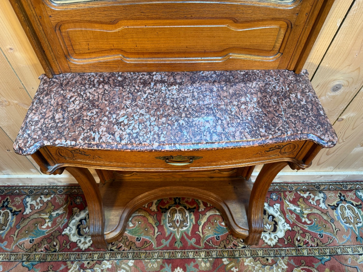 Art Nouveau Period Console Table With Mirror In Carved Oak -photo-3