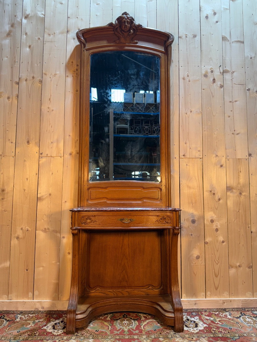 Art Nouveau Period Console Table With Mirror In Carved Oak 