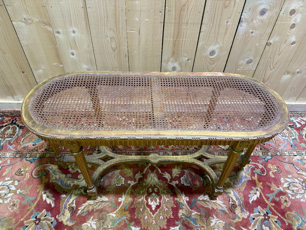 Banc de piano de style Louis XVI en cannage et bois doré -photo-2