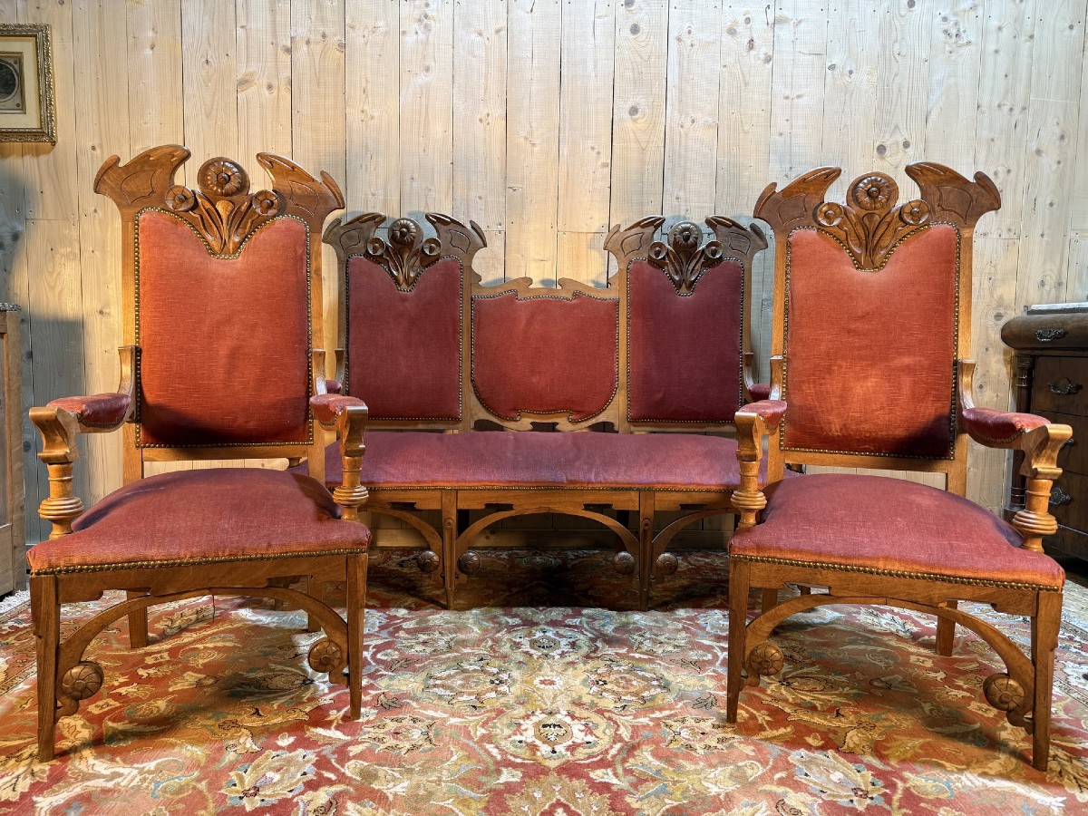 Art Nouveau Style Living Room, Neo-gothic Style, With A Sofa And A Pair Of Walnut Armchairs