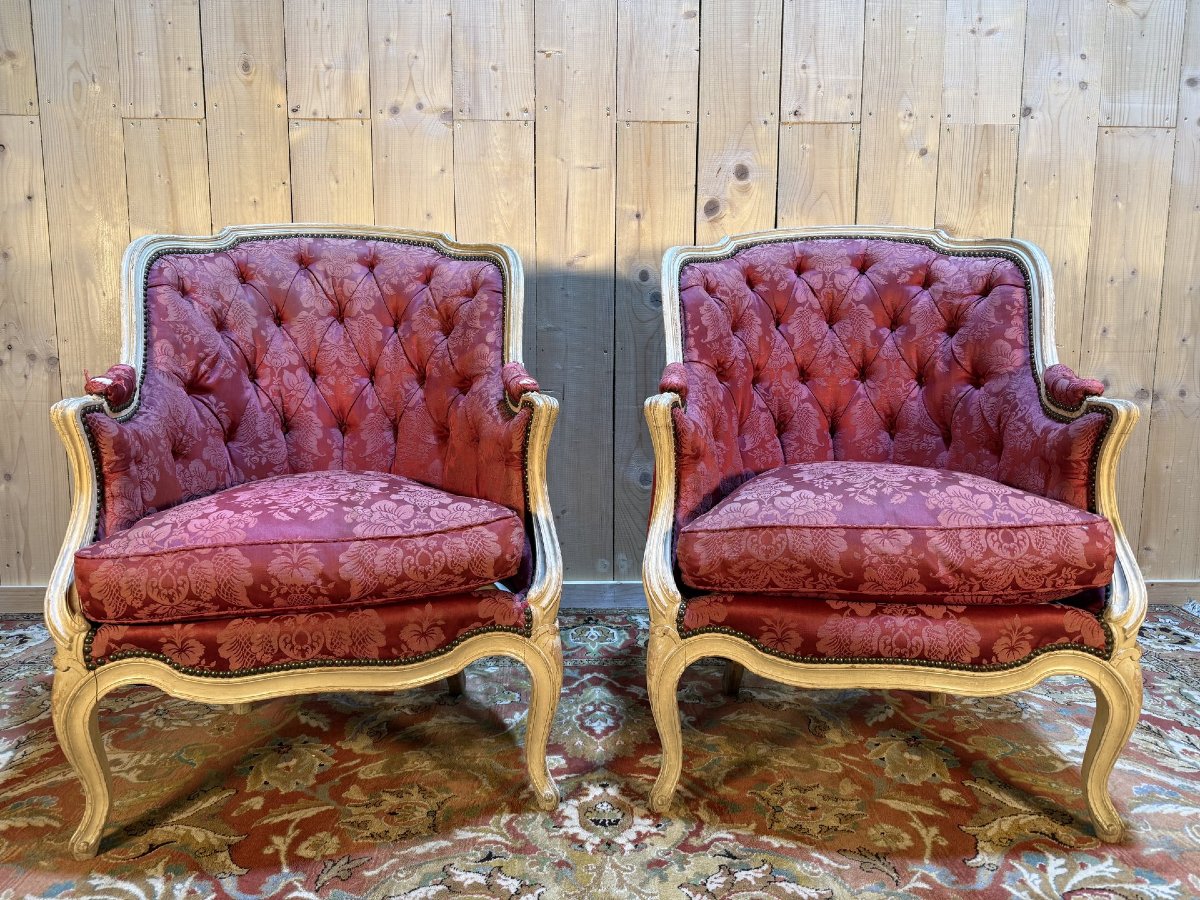 Paire de bergères gondoles de style Louis XV bois réchampi-photo-4