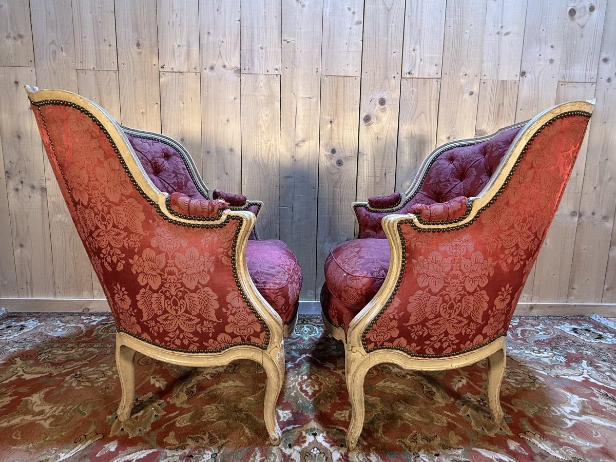 Paire de bergères gondoles de style Louis XV bois réchampi-photo-1