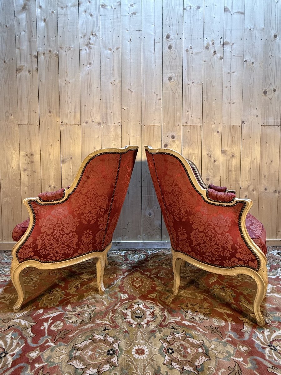 Paire de bergères gondoles de style Louis XV bois réchampi-photo-3