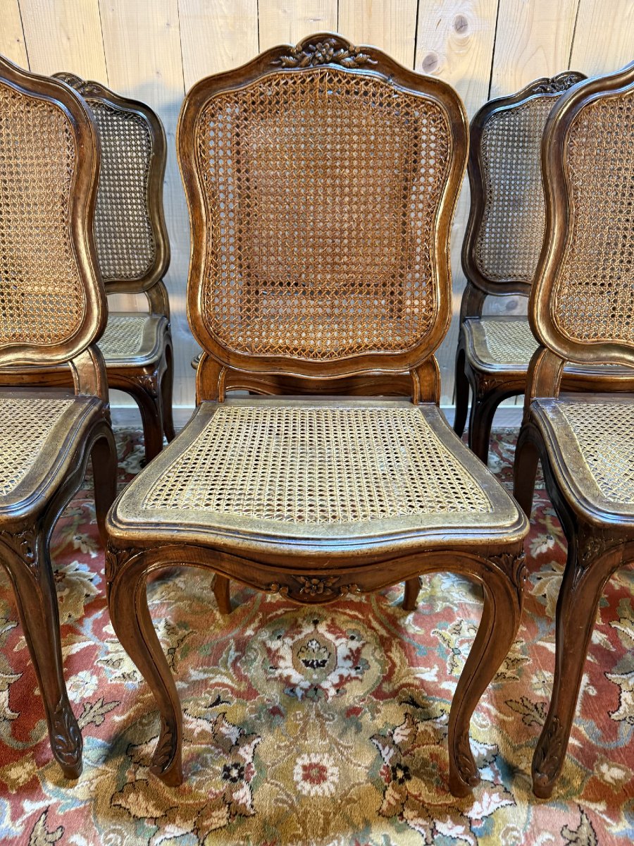 Set Of 10 Louis XV Style Chairs In Walnut And Caning-photo-2