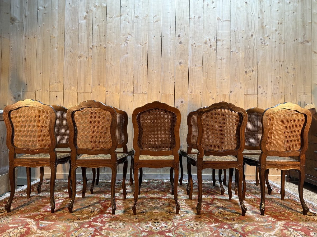 Set Of 10 Louis XV Style Chairs In Walnut And Caning-photo-7
