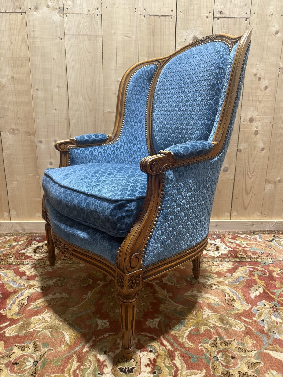 Louis XVI Style Wingback Chair In Blue Velvet-photo-3